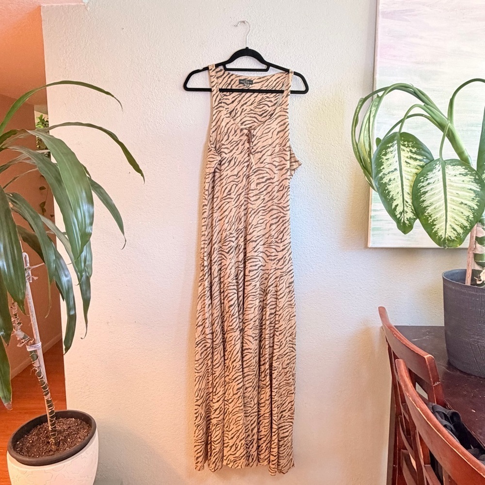Ralph Lauren Jeans Co Vintage Tan Brown Zebra Print Bohemian Safari Maxi Dress L